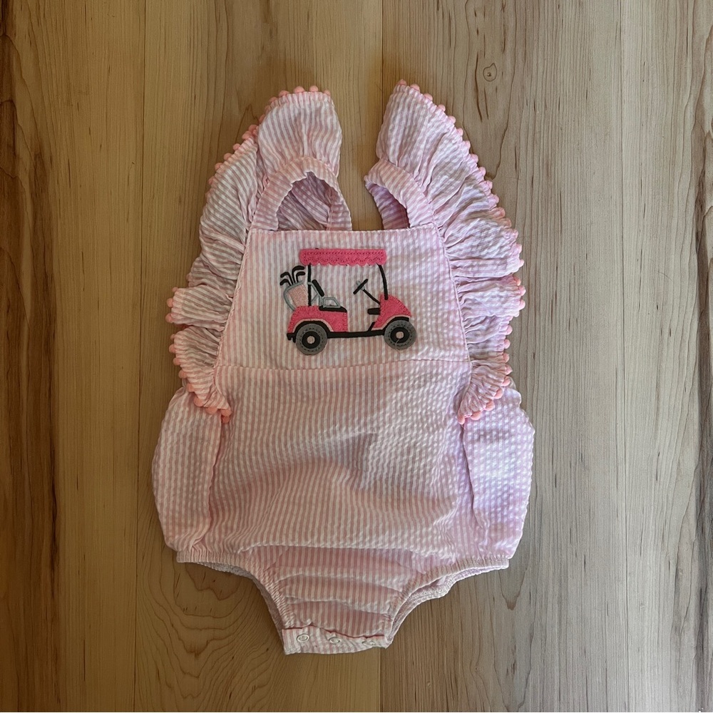 NWT Mud Pie Pink Seersucker Romper with Golf Cart 9-12m